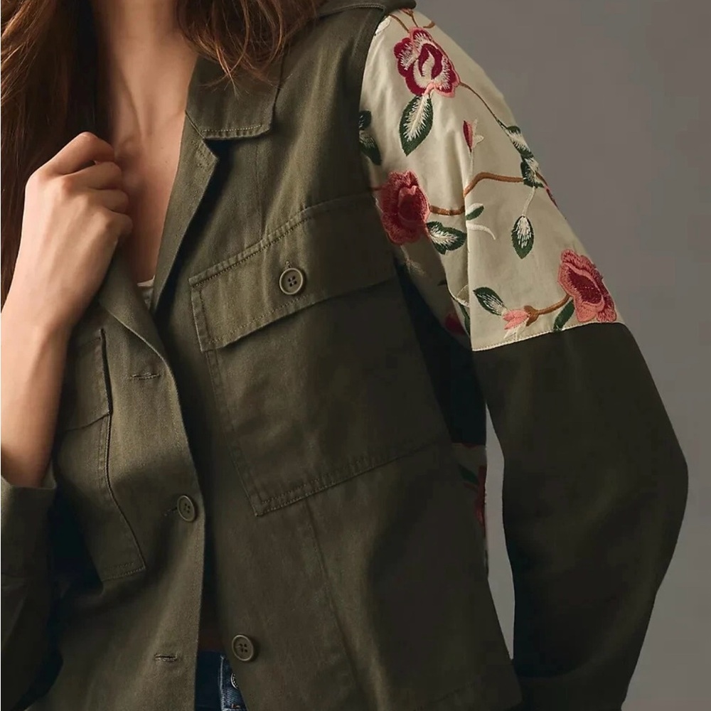 Tiny by ANTHROPOLOGIE Leslie Embroidered Floral Army Jacket Green S NWT